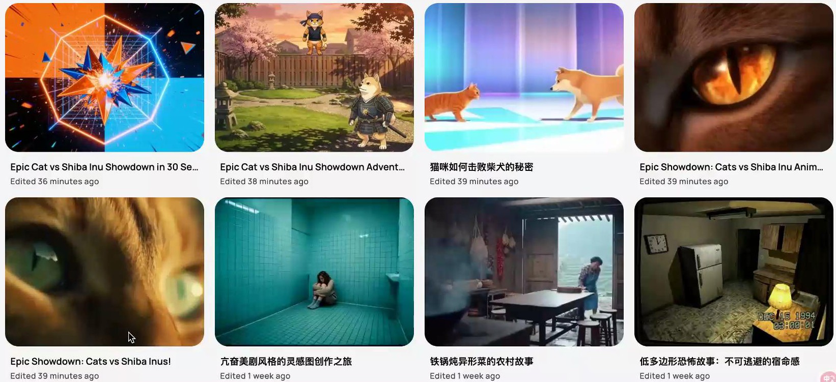 Medeo项目页面展示“猫咪大战柴犬”等主题视频缩略图