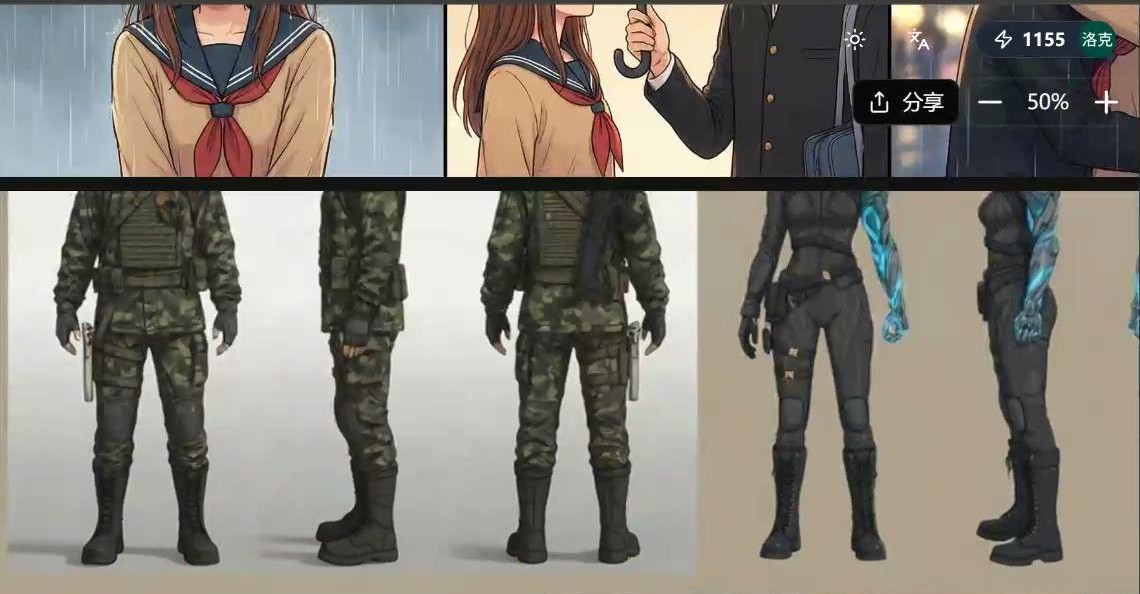 分镜设计界面展示人物、服装及场景组合